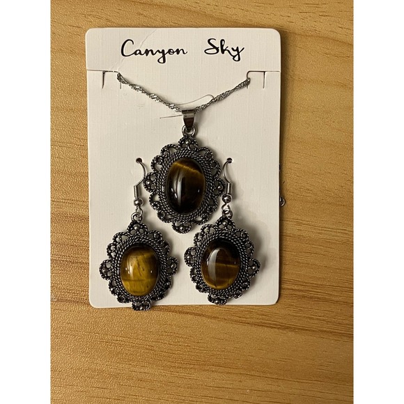 Canyon Sky Jewelry - Canyon Sky Tigers Eye Necklace and Earrings Set Silver Tone Filigree